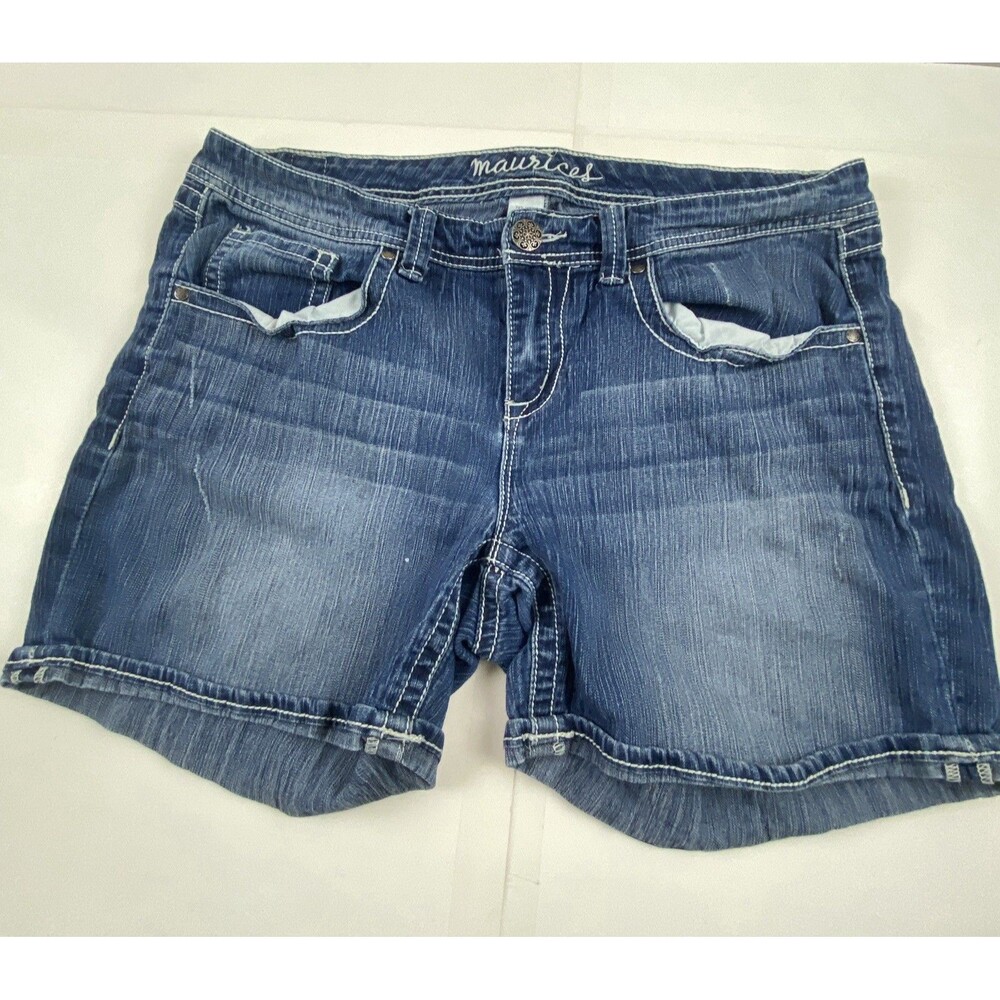 Maurices Blue Jean Shorts Size 18 Embroidered Pockets Lightly Distressed Cuffed